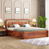 ONIJA Solid Sheesham Wood King Size Bed with Drawer Storage Wooden Double Bed Palang Bed for Bedroom Living Room Furniture - HONEY FINISH